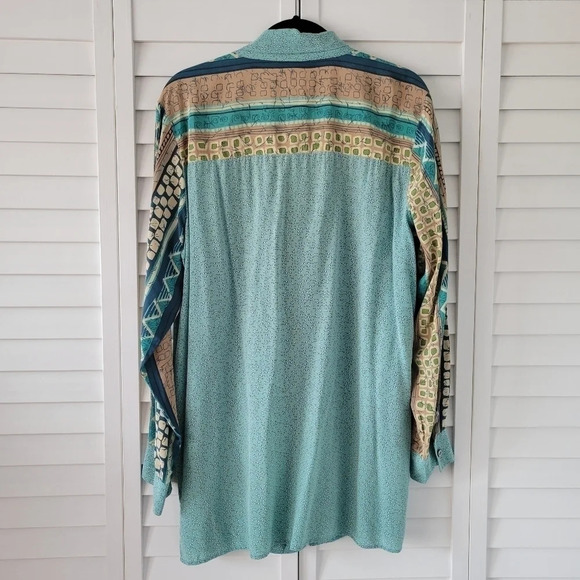 KOOS Blue Geo Print Vintage 100% Silk Button-up Long-Sleeve Tunic Shirt Size L - Picture 9 of 11